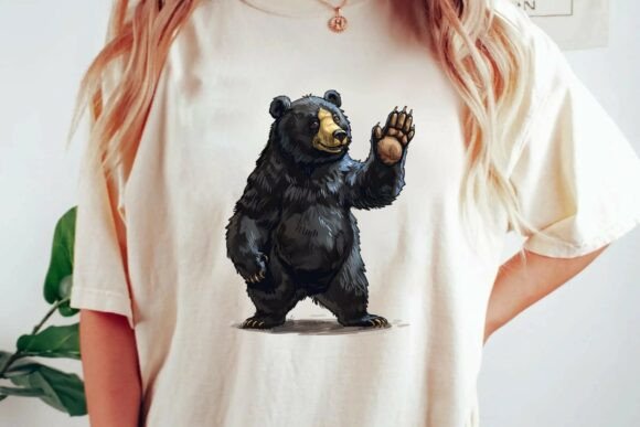 Download Friendly Waving Black Bear Illustration Wildlife Nature Lover T-Shirt Design Png - Premium Resources